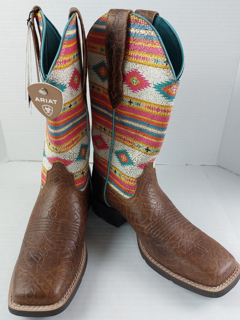 Ariat Round Up Wide Square Toe Boots Womens Size 7 B Medium Tan Southwest NWOB